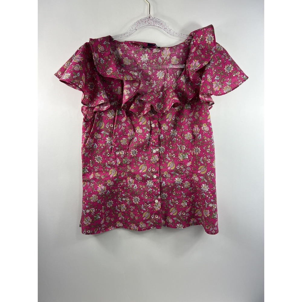 Chaps Blouse Women's Sz 10 Pink Floral Ruffle Collar Flutter Sleeve